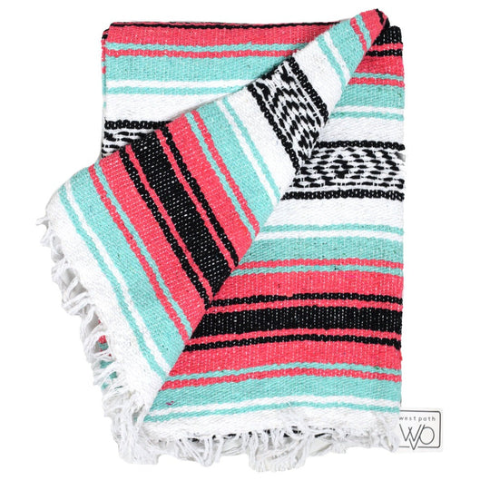 Seafoam Green & Coral Mexican Falsa Blanket