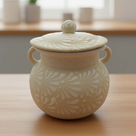 Cream Talavera Bean Pot with Lid | Handcrafted Mexican Clay - creamy white hand-painted Talavera bean pot with lid and embossed floral motifs