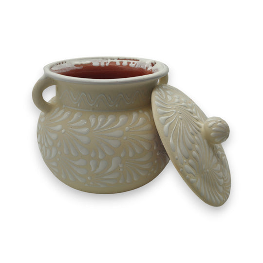 Cream Talavera Bean Pot with Lid | Handcrafted Mexican Clay - hand-painted cream Talavera bean pot with embossed floral motifs, side handles and matching lid