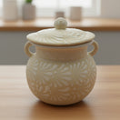 Cream Talavera Bean Pot with Lid | Handcrafted Mexican Clay - creamy white hand-painted Talavera bean pot with lid and embossed floral motifs