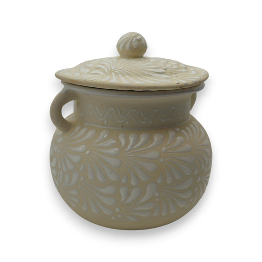 Cream Talavera Bean Pot with Lid | Handcrafted Mexican Clay - hand-painted cream Talavera bean pot with embossed floral motifs and lid