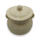 Cream Talavera Bean Pot with Lid | Handcrafted Mexican Clay — handcrafted cream Talavera bean pot with embossed floral motifs, dual handles and lid
