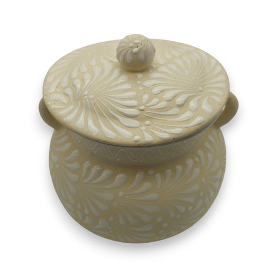 Cream Talavera Bean Pot with Lid | Handcrafted Mexican Clay — handcrafted cream Talavera bean pot with embossed floral motifs, dual handles and lid