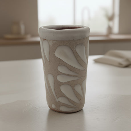 Cream Talavera Shot Glass | Handcrafted Mexican Ceramic - cream-toned hand-painted Talavera shot glass with white floral relief, kiln-fired, lead-free glaze