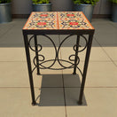 Custom Talavera Tile Accent Table | Handmade Mexican End Table - hand-painted four-tile tabletop with metal frame and ornate iron base