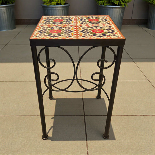 Custom Talavera Tile Accent Table | Handmade Mexican End Table - hand-painted four-tile tabletop with metal frame and ornate iron base