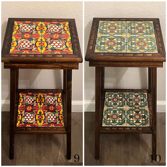 Customizable Mexican End Table | Talavera Tile Wood Side Table showing two hand-painted Talavera tile color options on wooden frame