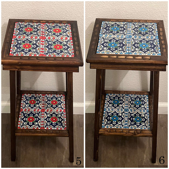 Customizable Mexican End Table | Talavera Tile Wood Side Table showing two handcrafted color variations with hand-painted tiles and wooden frame