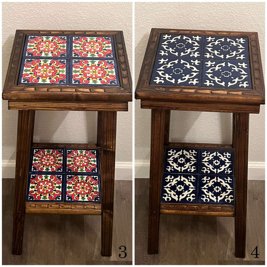 Customizable Mexican End Table | Talavera Tile Wood Side Table hand-painted Talavera tiles, rustic wood frame, two tile color options