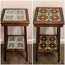 Customizable Mexican End Table | Talavera Tile Wood Side Table showcasing two hand-painted tile pattern options on a rustic wood frame