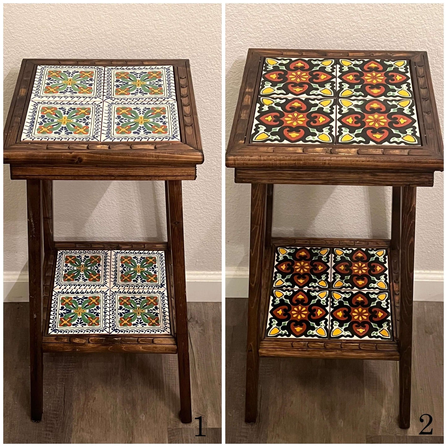 Customizable Mexican End Table | Talavera Tile Wood Side Table showcasing two hand-painted tile pattern options on a rustic wood frame