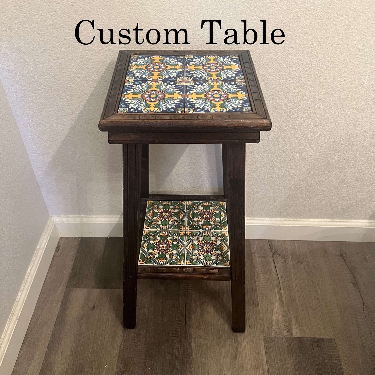 Customizable Mexican End Table | Talavera Tile Wood Side Table handcrafted dark wood end table with colorful Talavera tile top and lower shelf