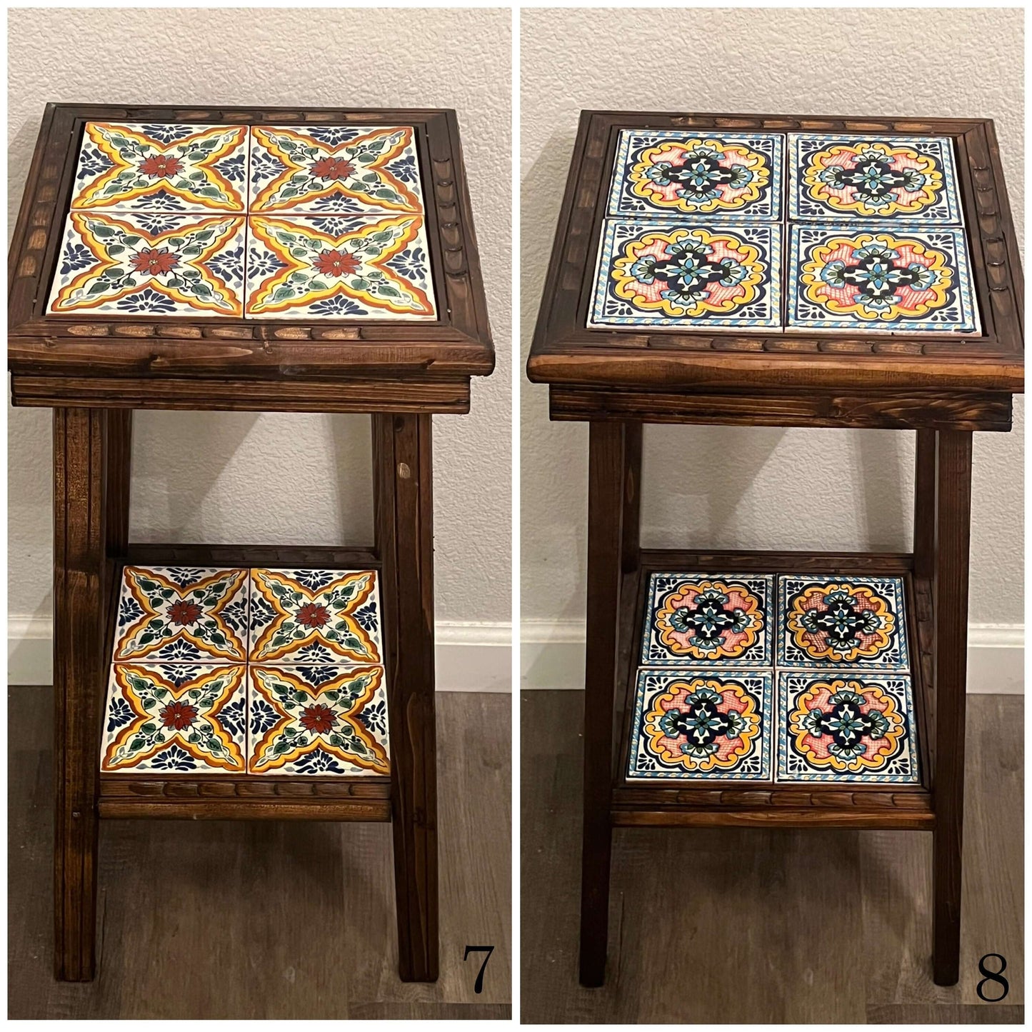 Customizable Mexican End Table | Talavera Tile Wood Side Table showing two hand-painted tile patterns on wood side table, handcrafted in Guanajuato, Mexico