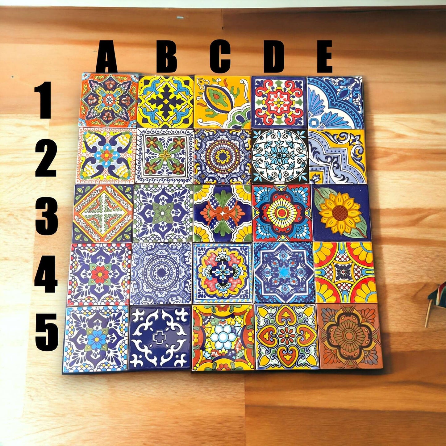 Customizable Mexican End Table | Talavera Tile Wood Side Table showing 5x5 numbered sample tile options A-E on wood background