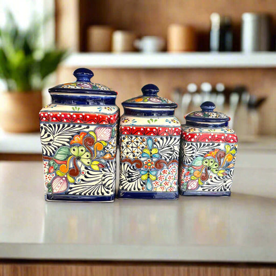 Talavera Canister Set | Dark Blue Mexican Kitchen Storage Jars hand-painted cobalt blue floral ceramic 3-piece set from Guanajuato, Mexico