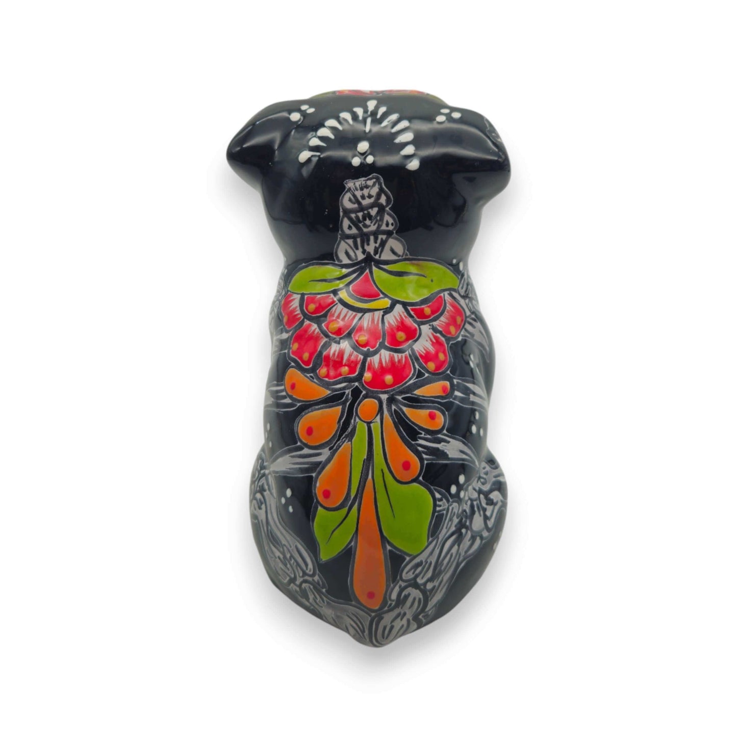 Day of the Dead Bulldog Figurine | Handmade Talavera Dog Statue - hand-painted black Talavera bulldog with colorful floral skeletal design