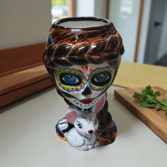 Day of the Dead Lady & Bunny Planter | Hand-Painted Talavera Pot - hand-painted sugar skull lady with braided hair and white bunny at base