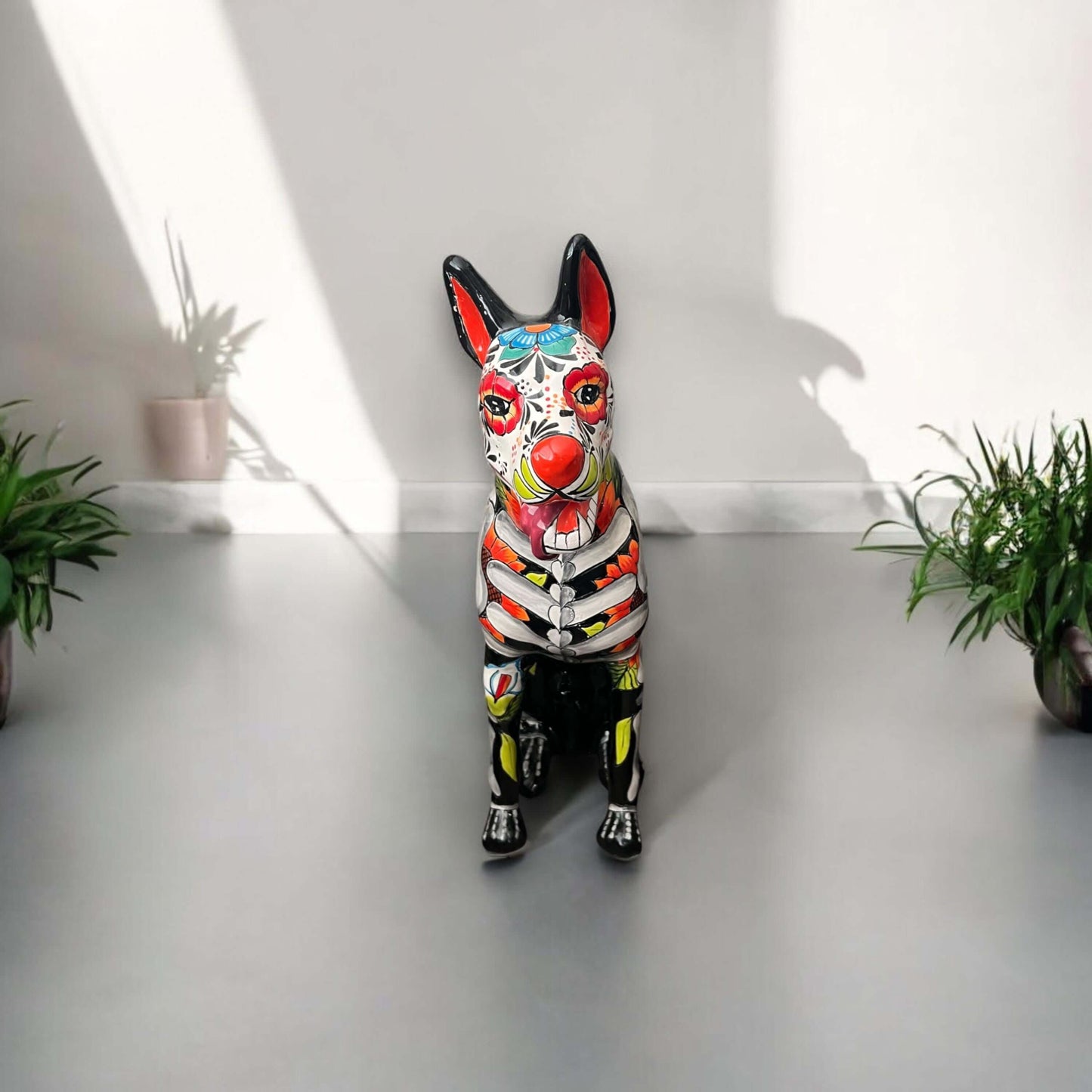 Day of the Dead Talavera Dog Statue | Vibrant Mexican Ceramic Sculpture - hand-painted colorful Talavera dog sculpture with Day of the Dead motifs