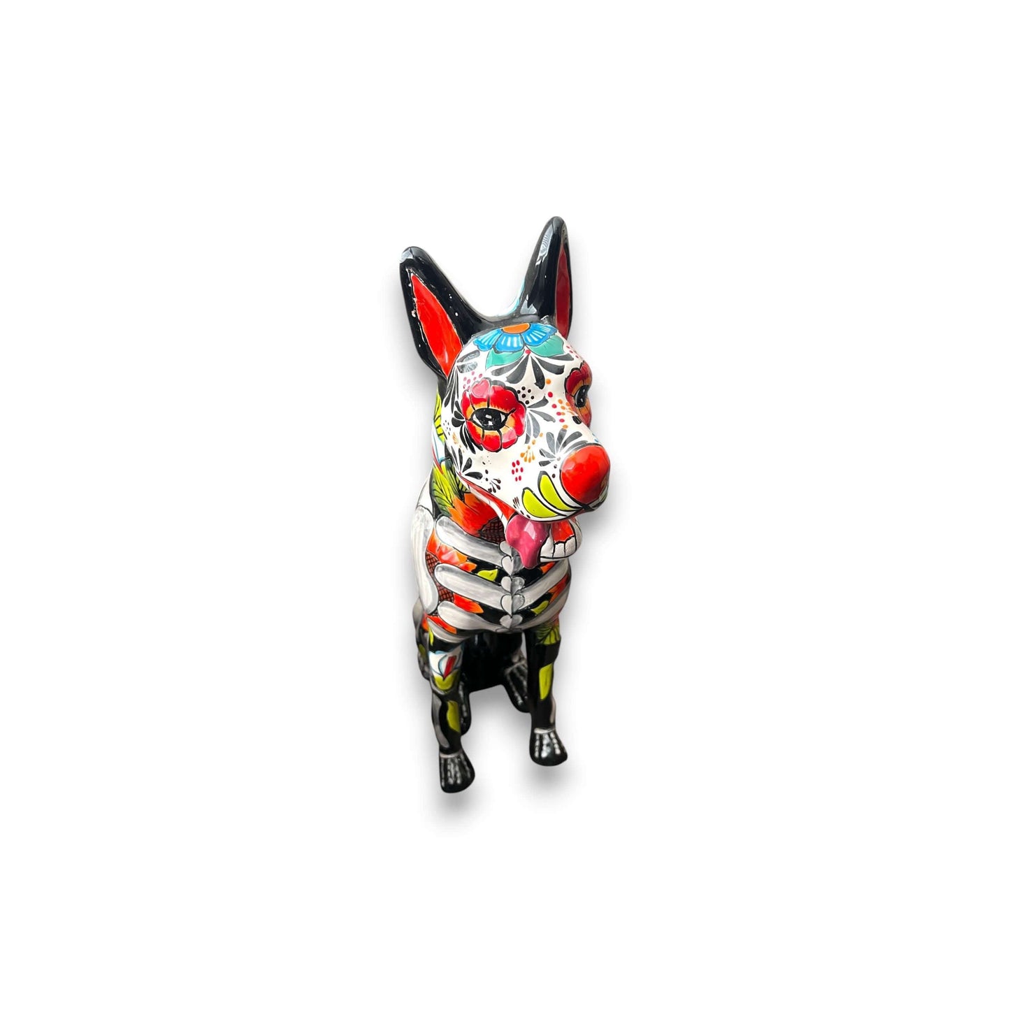 Day of the Dead Talavera Dog Statue | Vibrant Mexican Ceramic Sculpture hand-painted colorful skull dog sculpture from Guanajuato