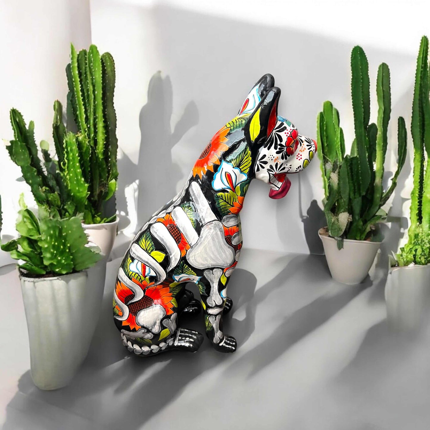 Day of the Dead Talavera Dog Statue | Vibrant Mexican Ceramic Sculpture - hand-painted colorful Talavera dog with floral skull motifs