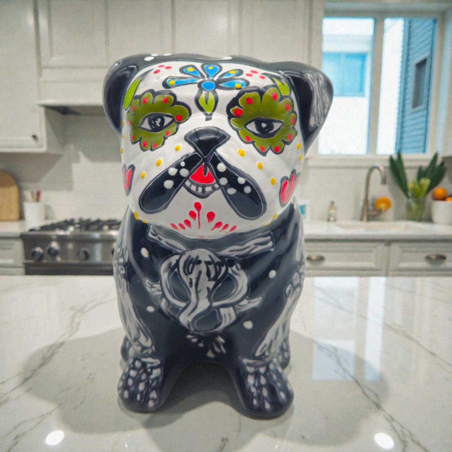 Day of the Dead Bulldog Figurine | Handmade Talavera Dog Statue - hand-painted black Talavera bulldog with colorful Day of the Dead skull designs