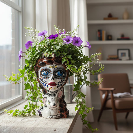 The Talavera Hub Day of the Dead lady planter with a bunny, hand-painted ceramic with sugar skull face, purple, red, green details.