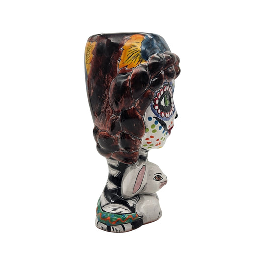 Day of the Dead Lady & Bunny Planter | Hand-Painted Talavera Pot side view