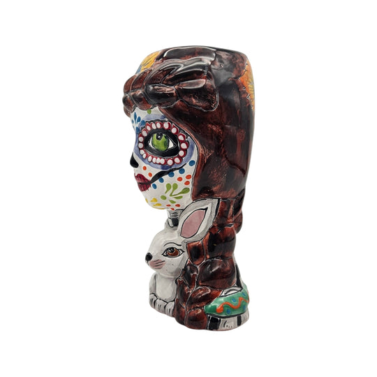 Day of the Dead Lady & Bunny Planter | Hand-Painted Talavera Pot side view