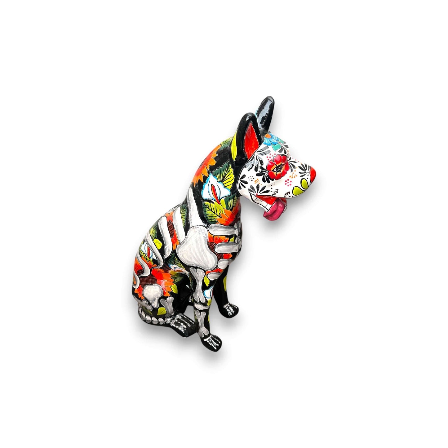Day of the Dead Talavera Dog Statue | Vibrant Mexican Ceramic Sculpture hand-painted Mexican ceramic dog with colorful floral skull motifs