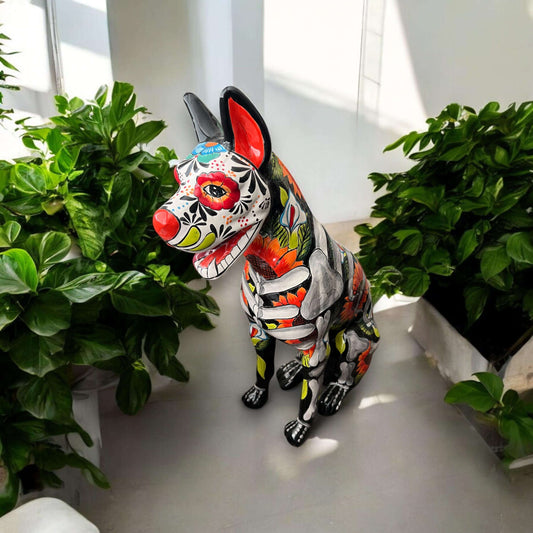 Day of the Dead Talavera Dog Statue | Vibrant Mexican Ceramic Sculpture - hand-painted Talavera dog sculpture from Guanajuato, vibrant colors