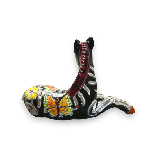 Day of the Dead Talavera Horse Planter | Hand-Painted Pottery glossy black horse planter with floral and skeletal Día de los Muertos motifs