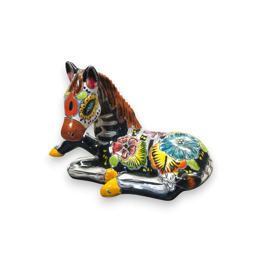 Day of the Dead Talavera Horse Planter | Hand-Painted Pottery hand-painted glossy black horse planter with floral motifs and skeletal accents