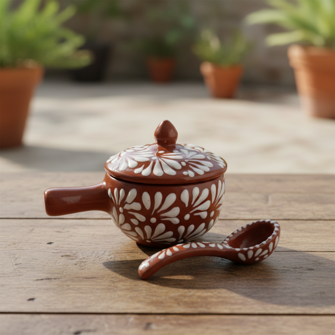 Talavera Salsa Bowl With Lid And Spoon | Hand-Painted Ceramic