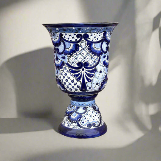 XL Talavera Planter | Hand-Painted Blue Pedestal Flower Pot - extra large cobalt blue and white hand-painted Talavera pedestal planter