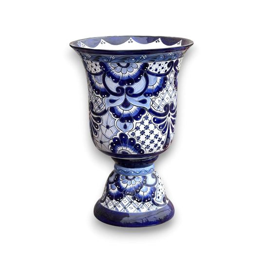 XL Talavera Planter | Hand-Painted Blue Pedestal Flower Pot - extra large cobalt blue and white hand-painted Talavera pedestal pot