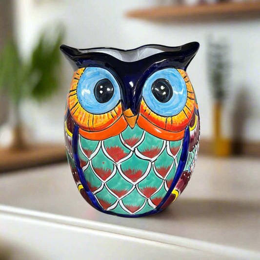 Extra Large Talavera Owl Planter | Hand-Painted Mexican Décor – colorful hand-painted Talavera owl ceramic planter from Guanajuato, Mexico