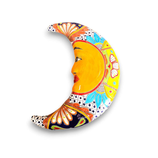 Extra Large Talavera Moon Wall Art | Mexican Handmade Ceramic Decor - hand-painted colorful crescent moon from Guanajuato, kiln-fired lead-free glaze