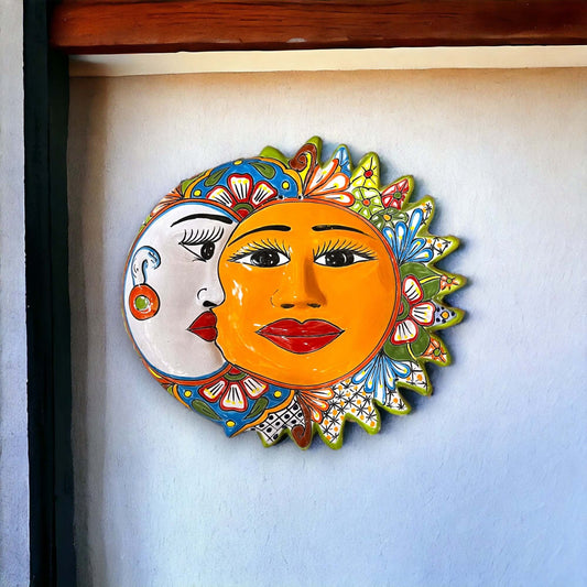Extra Large Talavera Sun & Moon Wall Art | Mexican Handmade Eclipse Decor - hand-painted kiln-fired Talavera sun and moon on white wall