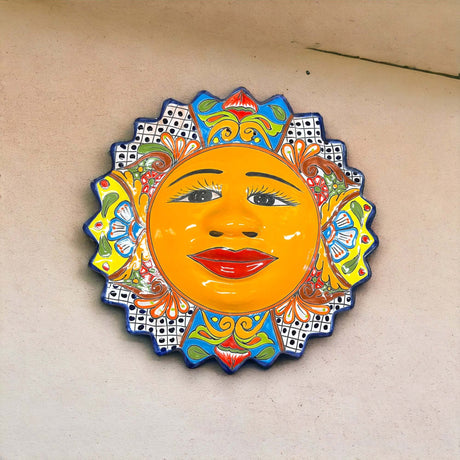 Extra Large Talavera Sun Wall Art | Handmade Mexican Decor — vibrant hand-painted Talavera sun wall plaque from Guanajuato, Mexico