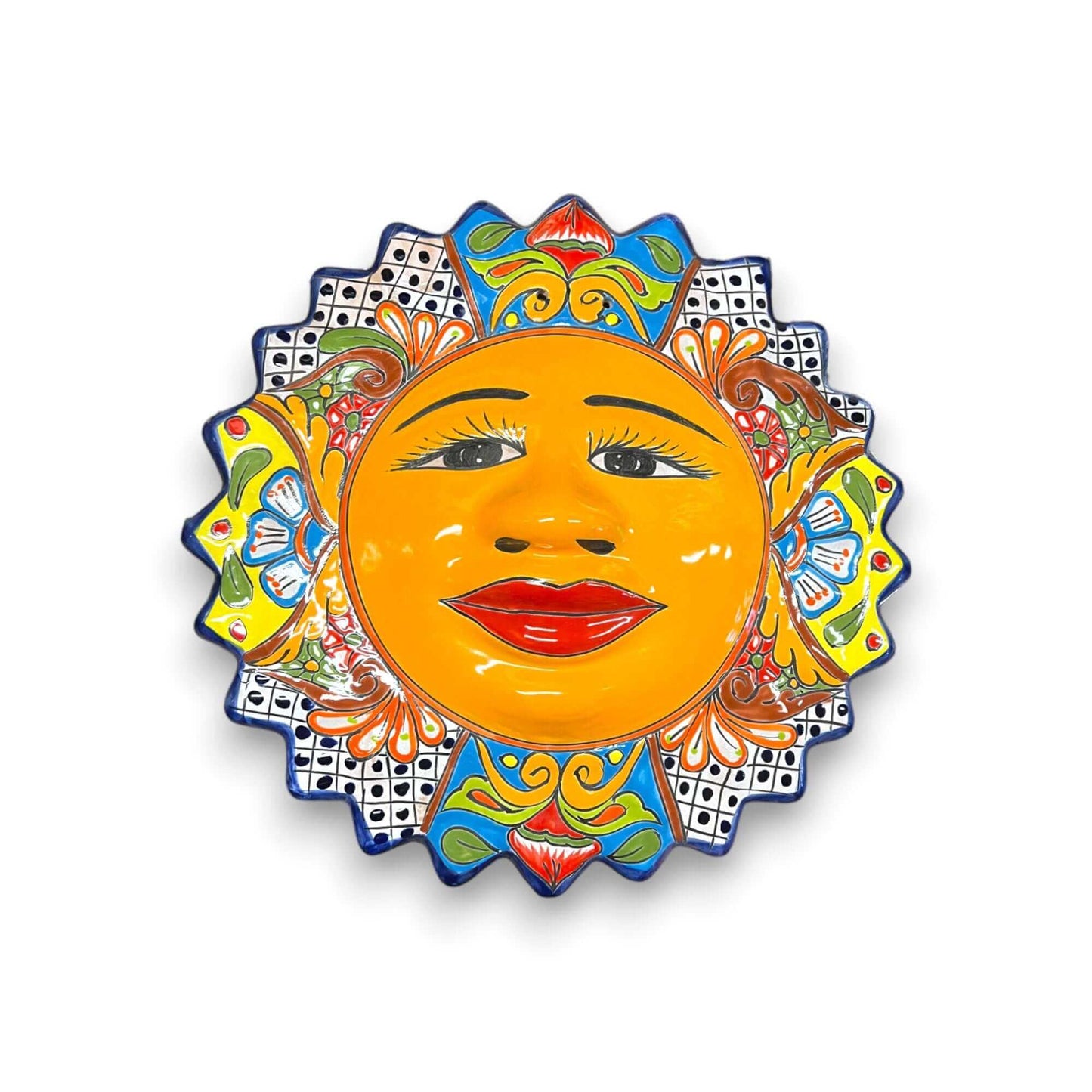 Extra Large Talavera Sun Wall Art | Handmade Mexican Decor - hand-painted Talavera sun with vibrant colors, kiln-fired lead-free glaze, Guanajuato craftsmanship