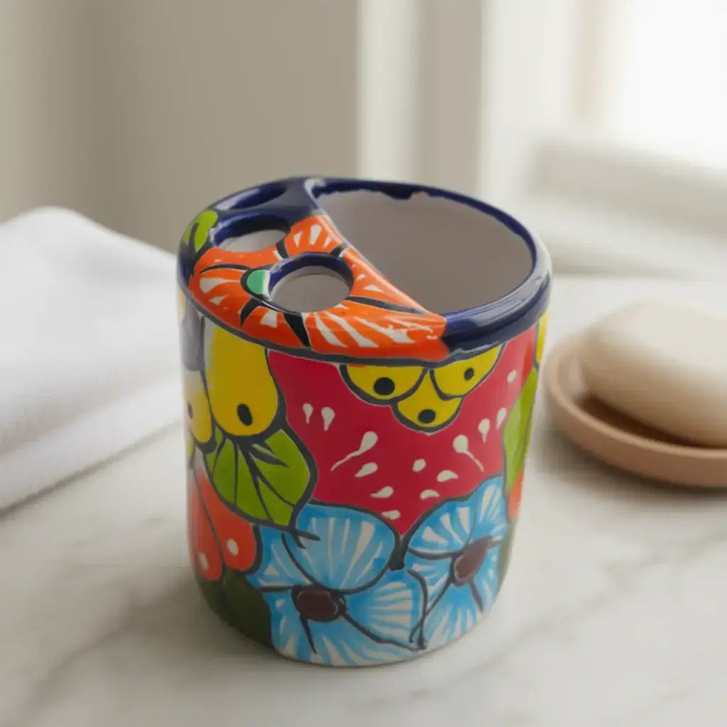 Colorful Talavera Toothbrush Holder | Mexican Ceramic Art hand-painted floral ceramic toothbrush holder with glossy finish