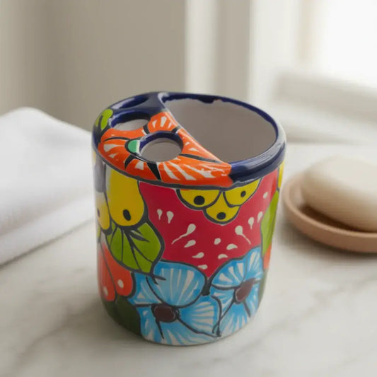 Colorful Talavera Toothbrush Holder | Mexican Ceramic Art hand-painted floral ceramic toothbrush holder with glossy finish