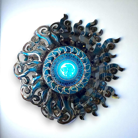 Giant Sun Wall Art with Light Fixture | Handmade Mexican Metalwork - blue hand-painted metal sun sculpture with illuminated center