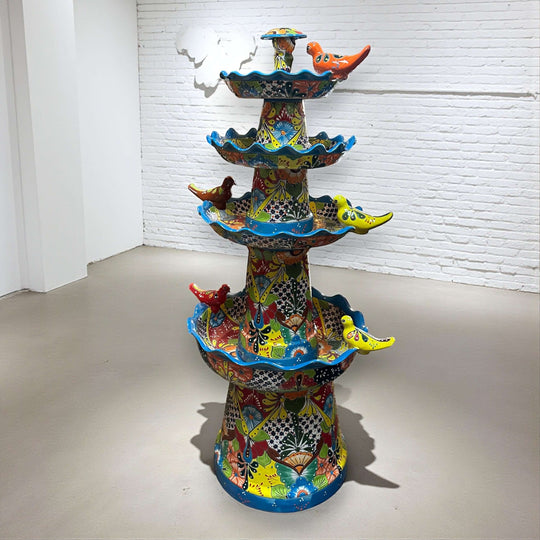 Alt Tag: Grand Talavera Garden Fountain | Handcrafted Mexican Art — multicolor hand-painted three-tier Talavera patio fountain with floral and geometric motifs