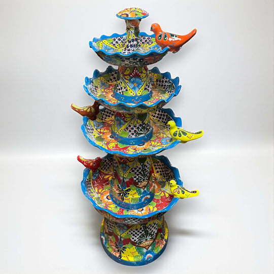 Grand Talavera Garden Fountain | Handcrafted Mexican Art - multicolor hand-painted Talavera tiered garden fountain with floral and geometric motifs, light blue rim