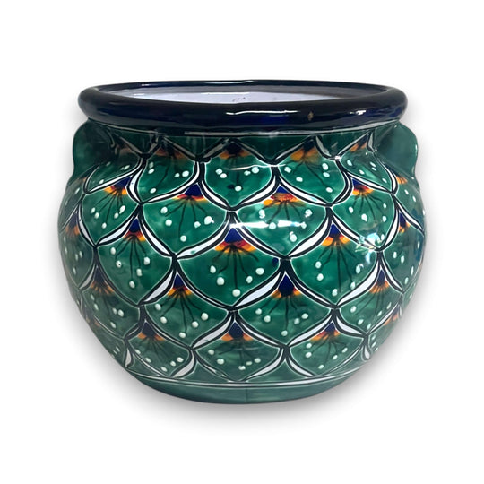 Vibrant Talavera Flower Pot | Green Peacock Design - handmade green peacock patterned Talavera planter, kiln-fired lead-free glaze, Guanajuato craft
