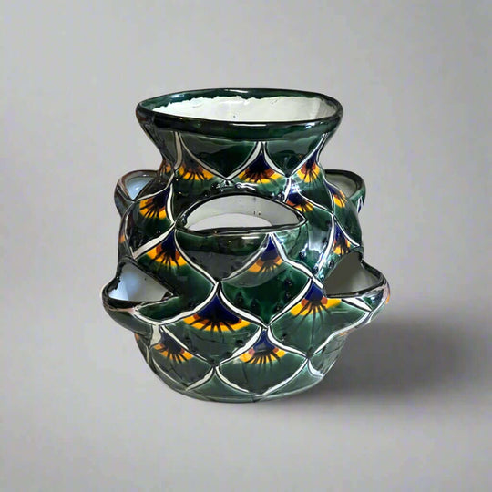 Talavera Strawberry Planter | Green Peacock Design hand-painted green peacock motif planter with multiple side openings, kiln-fired lead-free glaze