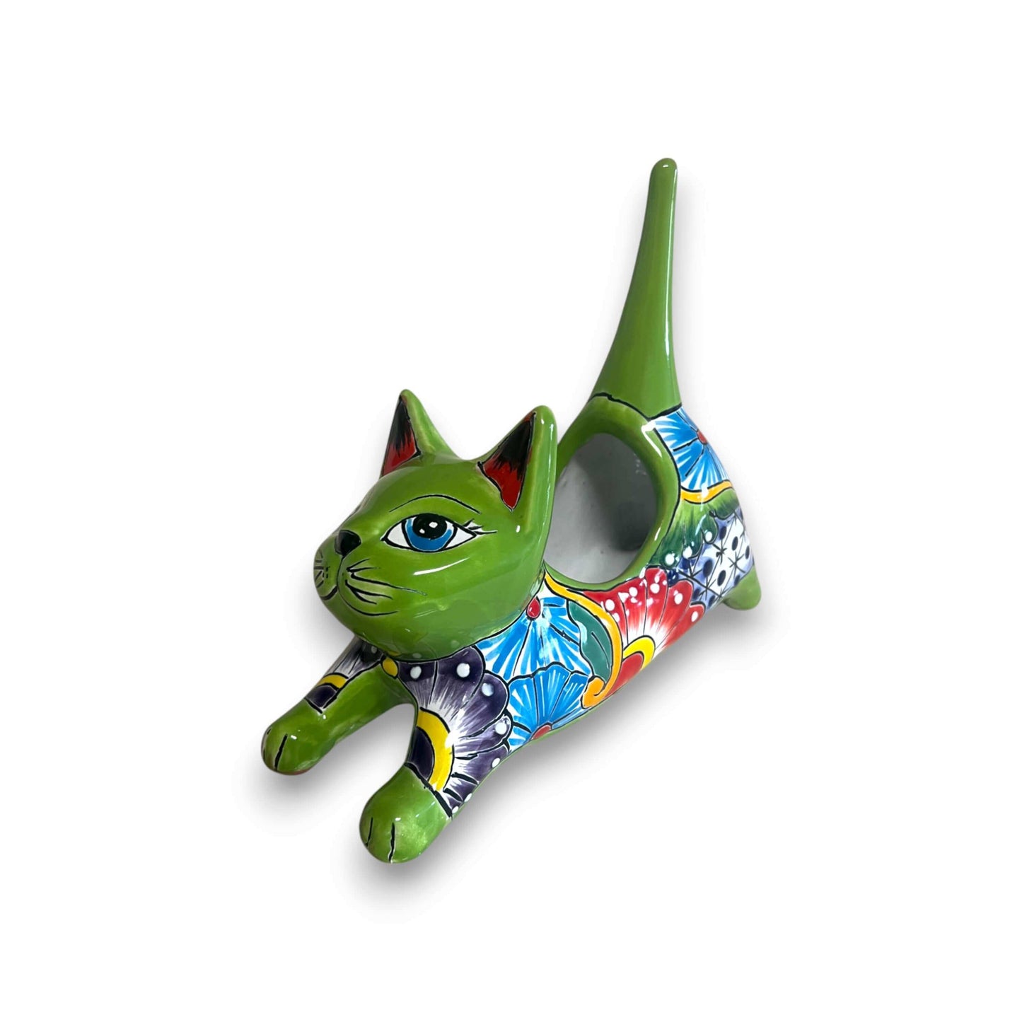 Talavera Cat Planter | Colorful Handcrafted Stretching Animal Pot - green hand-painted stretching cat planter with floral Talavera motifs