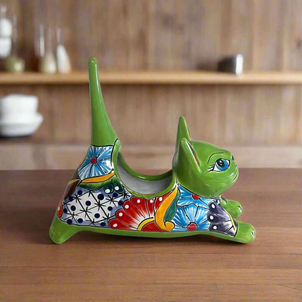 Talavera Cat Planter | Colorful Handcrafted Stretching Animal Pot - green hand-painted Talavera stretching cat planter with floral patterns