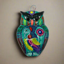 Guerrero Owl Wall Hanging | Colorful Mexican Ceramic Art Piece - hand-painted teal owl with floral and bird motifs, kiln-fired Talavera-style ceramic
